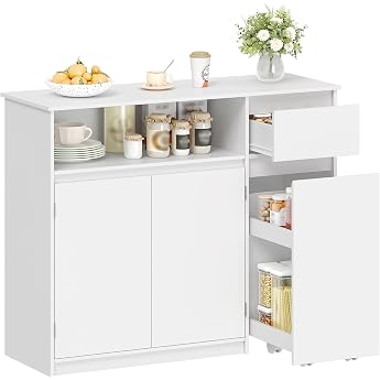 HEXCELEN Sideboard Kitchen Cabinet Storage Cabinet with Trolley Drawers and Adjustable Shelves for Dining Room Kitchen and Living Room Modern 35 x 100 x 80 cm White