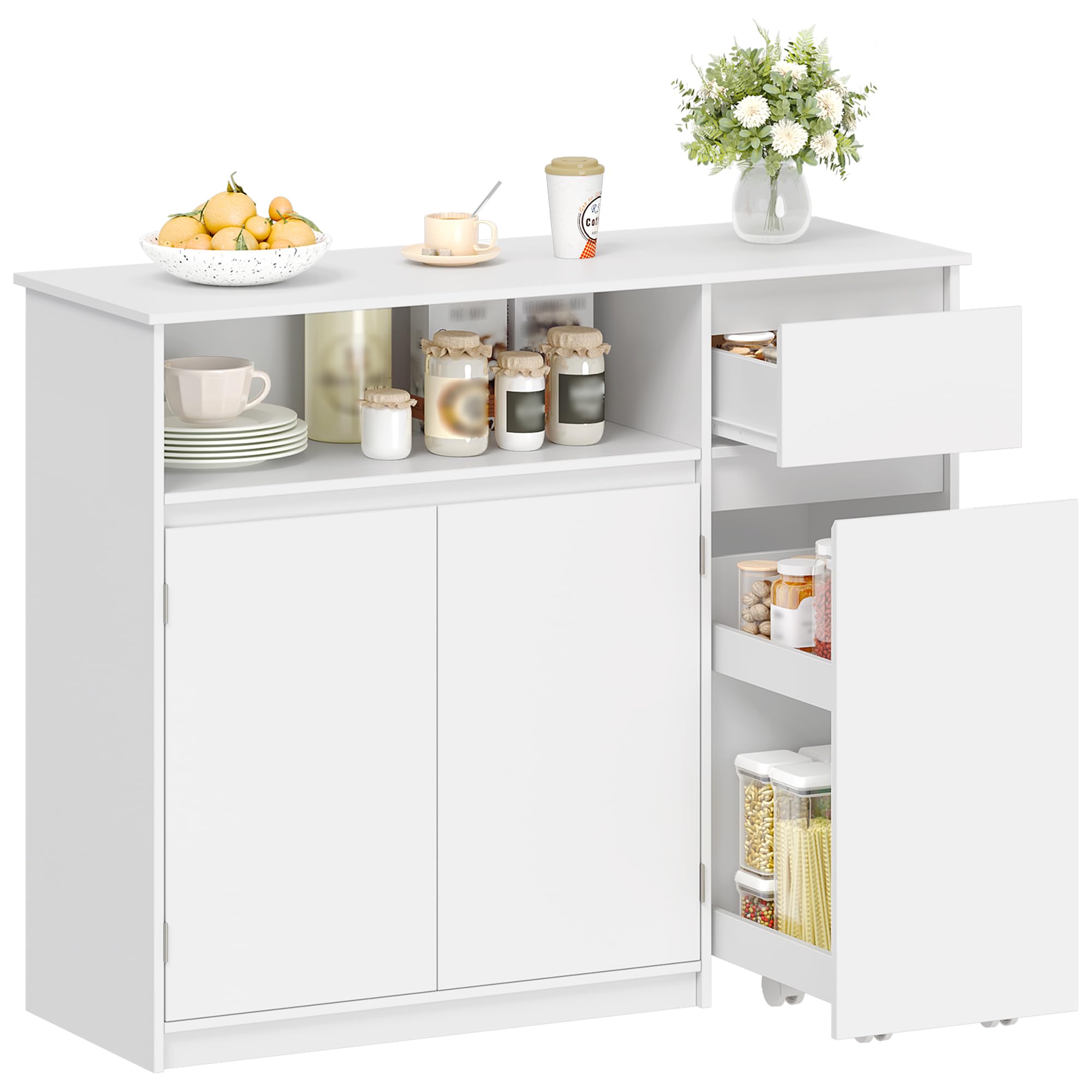 HEXCELEN Sideboard, Küchenschrank, Aufbewahrungsschrank mit Rollwagen, Schubladen und Verstellbaren Einlegeböden für Esszimmer, Küche und Wohnzimmer, Modern, 35 x 100 x 80 cm, Weiß