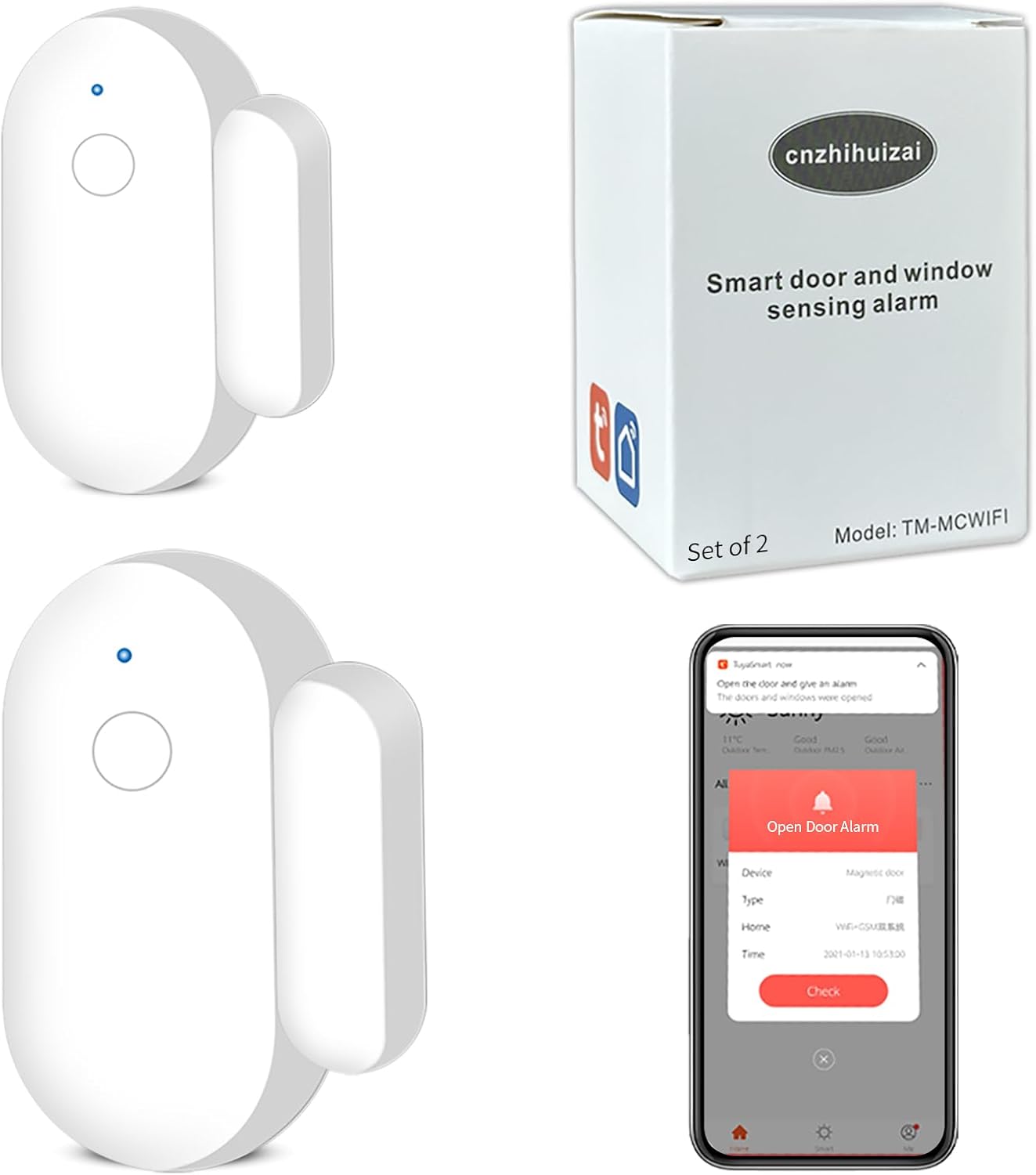 Tuya app WiFi Door and Window Sensor Alarm, Home Office Apartment Safety Door Magnetic Alarm, no Cost, no Need for hub, (Set of 2)
