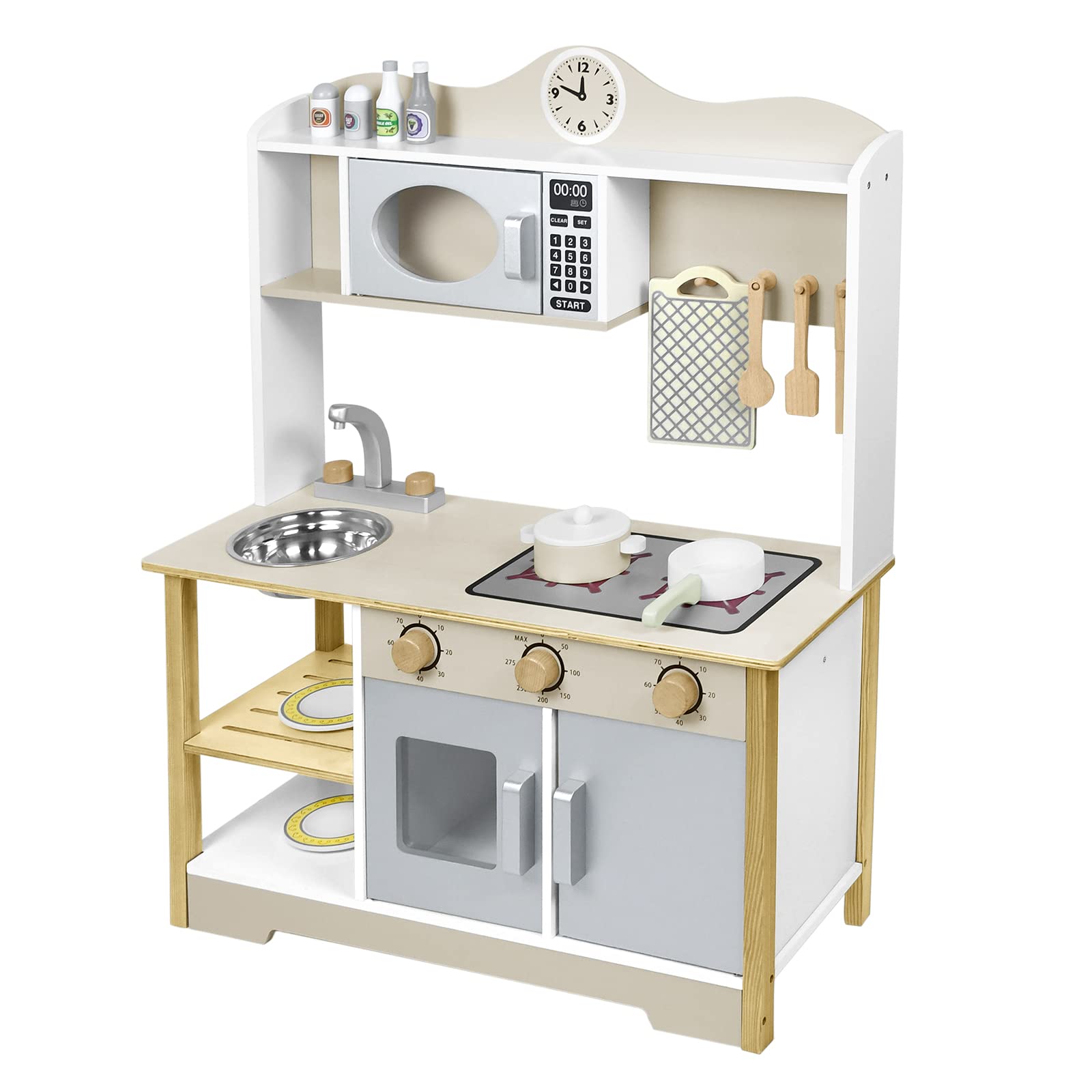 Aufun Cucina giocattolo in legno, cucina in legno con elettrodomestici da cucina inclusi 14 giocattoli accessori per cibo e pentole, giocattolo per bambini dai 3 anni in su, 68 x 26 x 78 cm