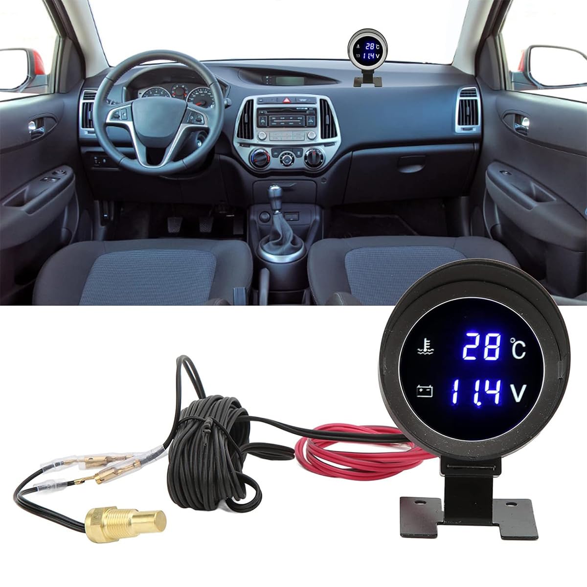 Sarini Misuratore di Temperatura dell'Acqua Digitale Rotondo Voltmetro Misuratore di Temperatura del Liquido di Raffreddamento dell'Acqua Kit Dc 9v 36v con Luce Blu per Auto Moto ATV