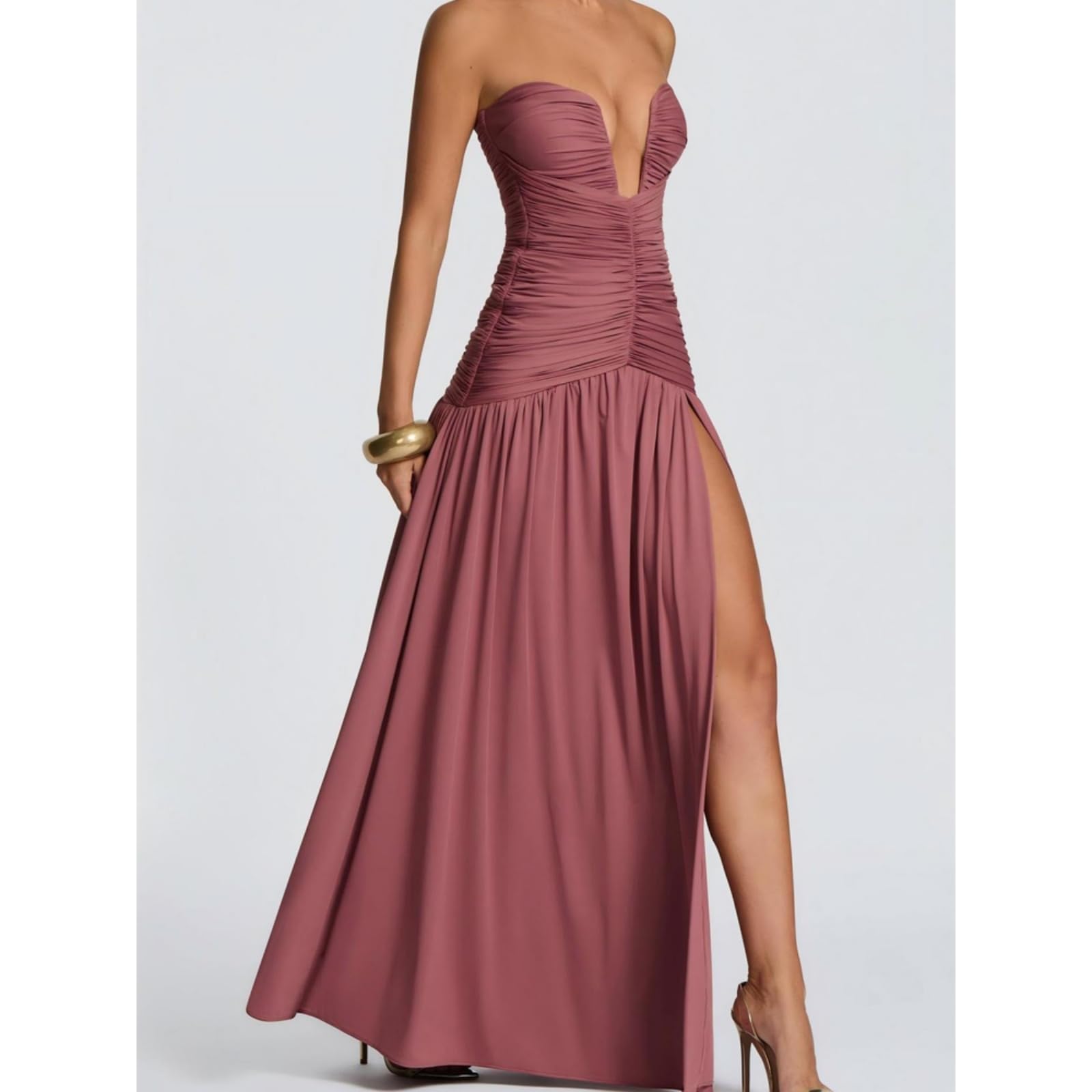 Vestito 2026 Donna Elegante Senza Spalline Piegato Maxi Abito, Profondo V-Collo Fuori Spalla Schienale Diviso Abito da Sera per La Festa-Coffee-XL