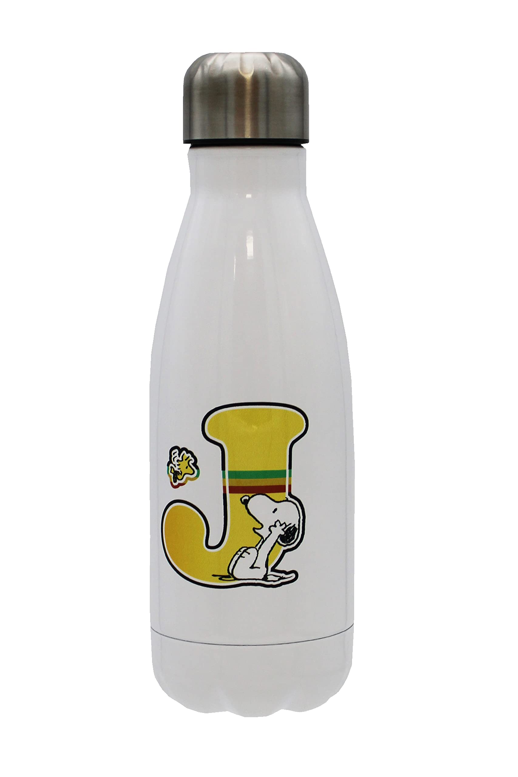 CYPBRANDS Snoopy – Stainless Steel Water Bottle, Airtight Closure, with Letter J Design, Multi-Colour, 550 ml, White, Official Product