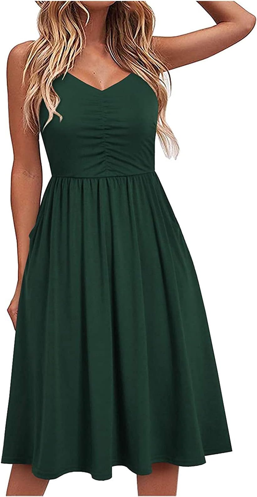 Bobono Summer Dress for Women Fashion Summer Seaside Sling Sleeveless V-Neck Solid Color Casual Dress Loose Fit Plus Size Army Green