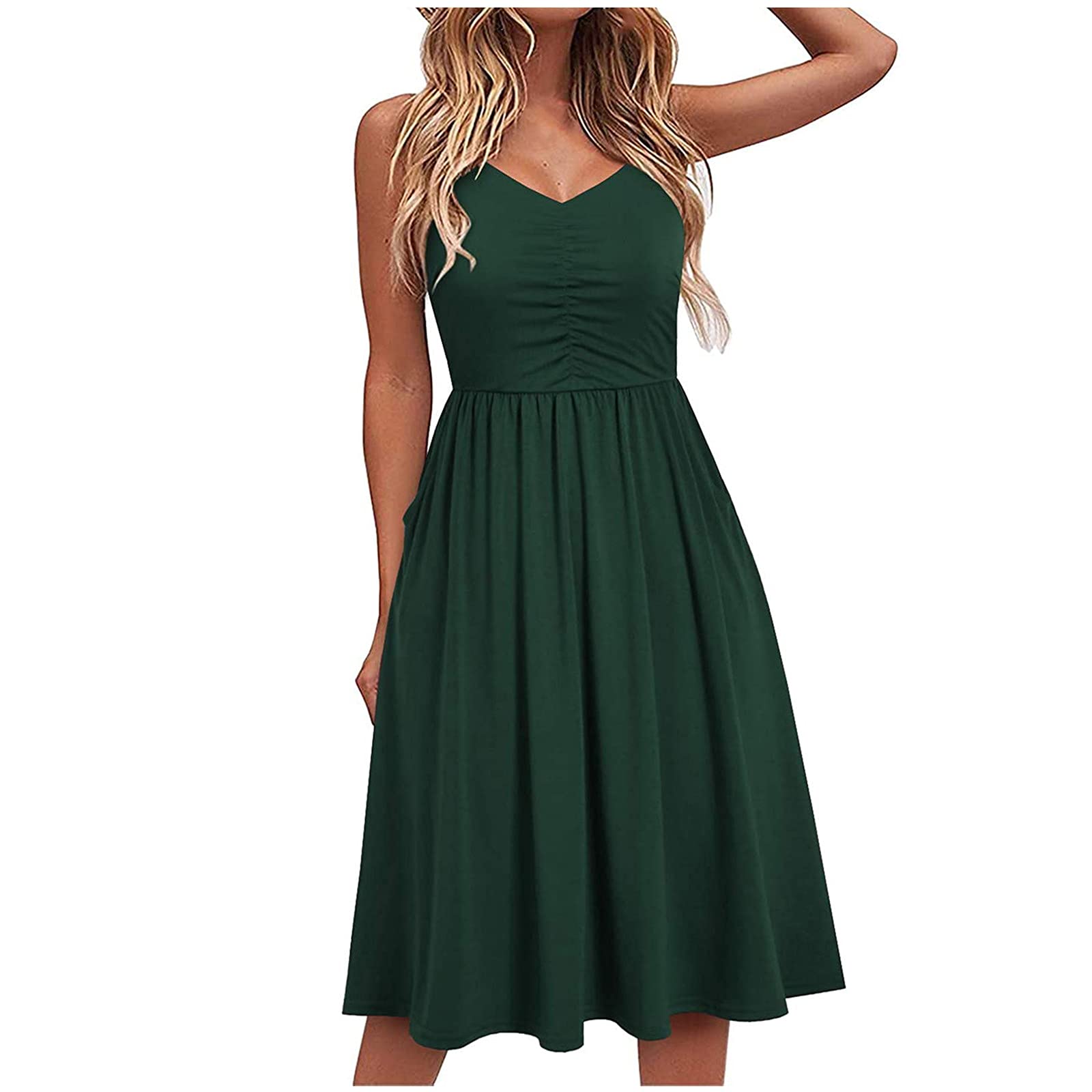 Bobono Summer Dress for Women Fashion Summer Seaside Sling Sleeveless V-Neck Solid Color Casual Dress Loose Fit Plus Size Army Green