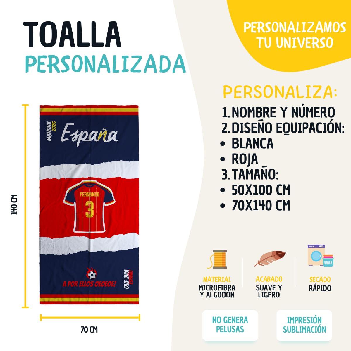 Toalla Personalizada Selección Española Mundial 2026 con Nombre y Número Camiseta España Regalo Original 70x140