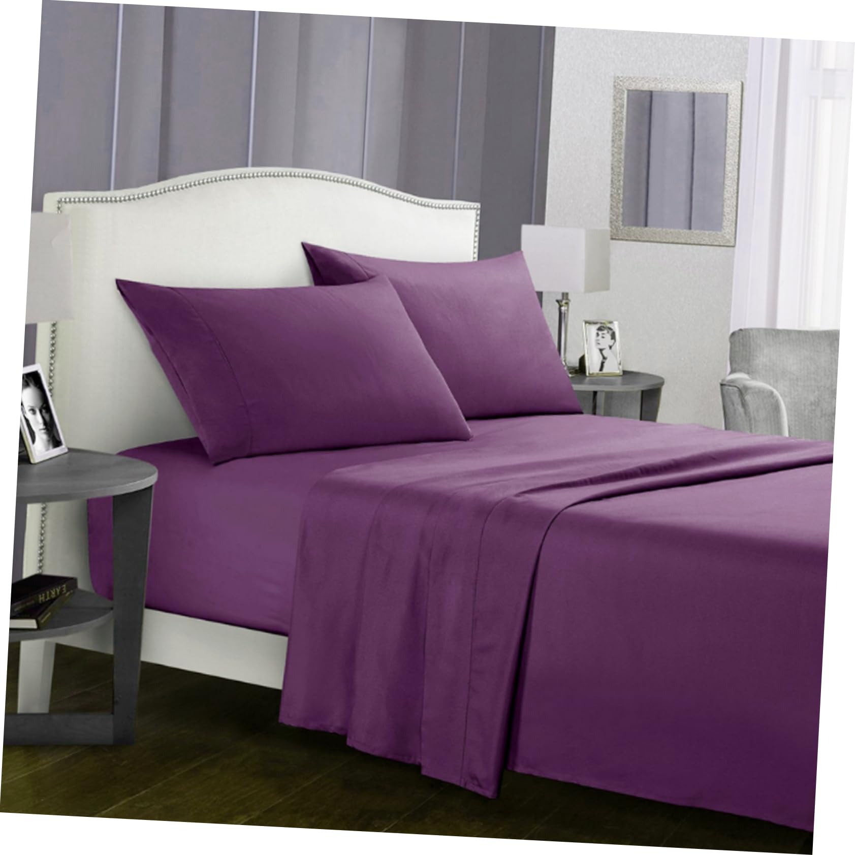 Ensemble de Literie 4 Pièces, Drap-Housse et Taies D’Oreiller, Fibre Chimique Pourpre, Résistant aux Plis et Lavable, Confort Toutes Saisons pour Chambre