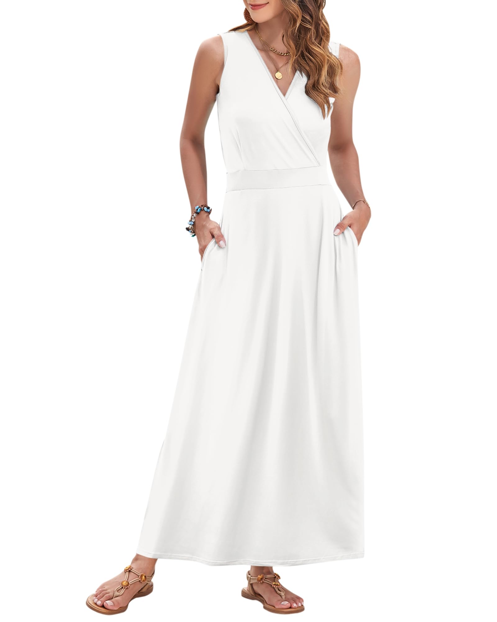 AUSELILY Womens Maxi Dress 2026 Summer Casual Sleeveless Sundress V Neck Wrap Vacation Cocktail Long Dresses with Pockets
