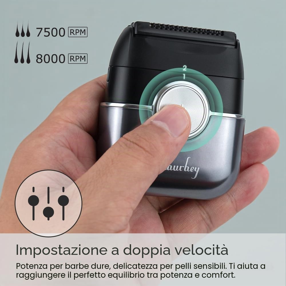Mini Rasoio Elettrico Barba Uomo Wet & Dry con Custodia viaggioi | Rasoio a lamina leggero IPX7, Rasoio Elettrico con Capelli lungo e lama a lamina, Carica USB-C, Autonomia di 120 Minut