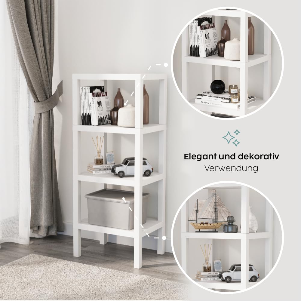 sugodesign Ombeg 4-stöckiges Regal, Weiß/Grau/Schwarz, Kunststoff, Rechteckig, Freistehend, Modern, Mehrzweck-Organizer für Bad, Küche, Wohnzimmer (weiß)
