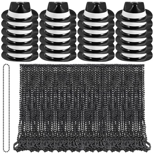 Landical 120 Pcs Mardi Gras Black Bead Necklace and 24 Pcs Gangster Gentleman Hats, 1920s Black Party Favors Hats 32