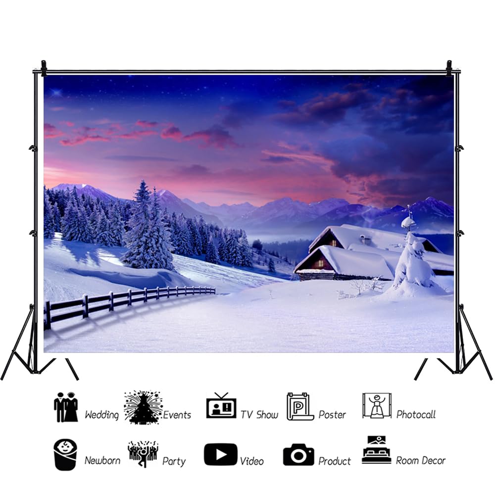 YongFoto 1,5x1m Toile de Fond Paysage Couvert Neige Montagne élégante Village Maison Arbres clôture en Bois Joyeux Noël d'hiver Fond Décors Studio Photo Video Fete Photographie Accesorios - 3