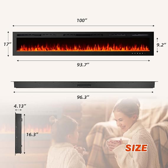 EROMMY 100 inch Electric Fireplace Inserts, Recessed and Wall Mounted Fireplace Silence Linear Fireplace with Timer, Remote Control, Overheating Protection, 9 Colors Adjustable LED Flame, 750/1500W