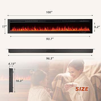 EROMMY 100 inch Electric Fireplace Inserts, Recessed and Wall Mounted Fireplace Silence Linear Fireplace with Timer, Remote Control, Overheating Protection, 9 Colors Adjustable LED Flame, 750/1500W