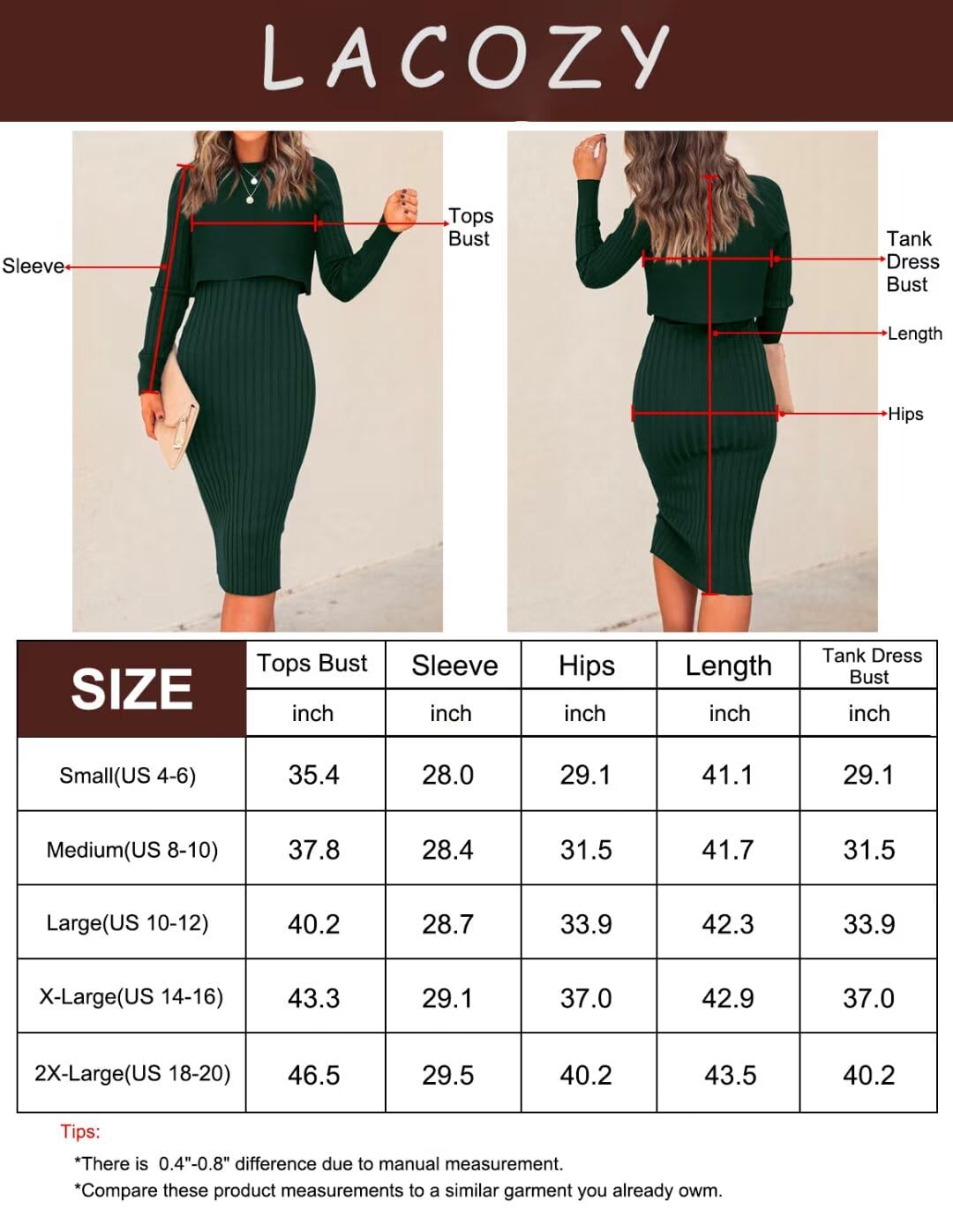 LACOZY Vestido midi ajustado sin mangas para mujer, camiseta corta de 2 piezas, vestido de punto de manga larga, vestido floral sin mangas