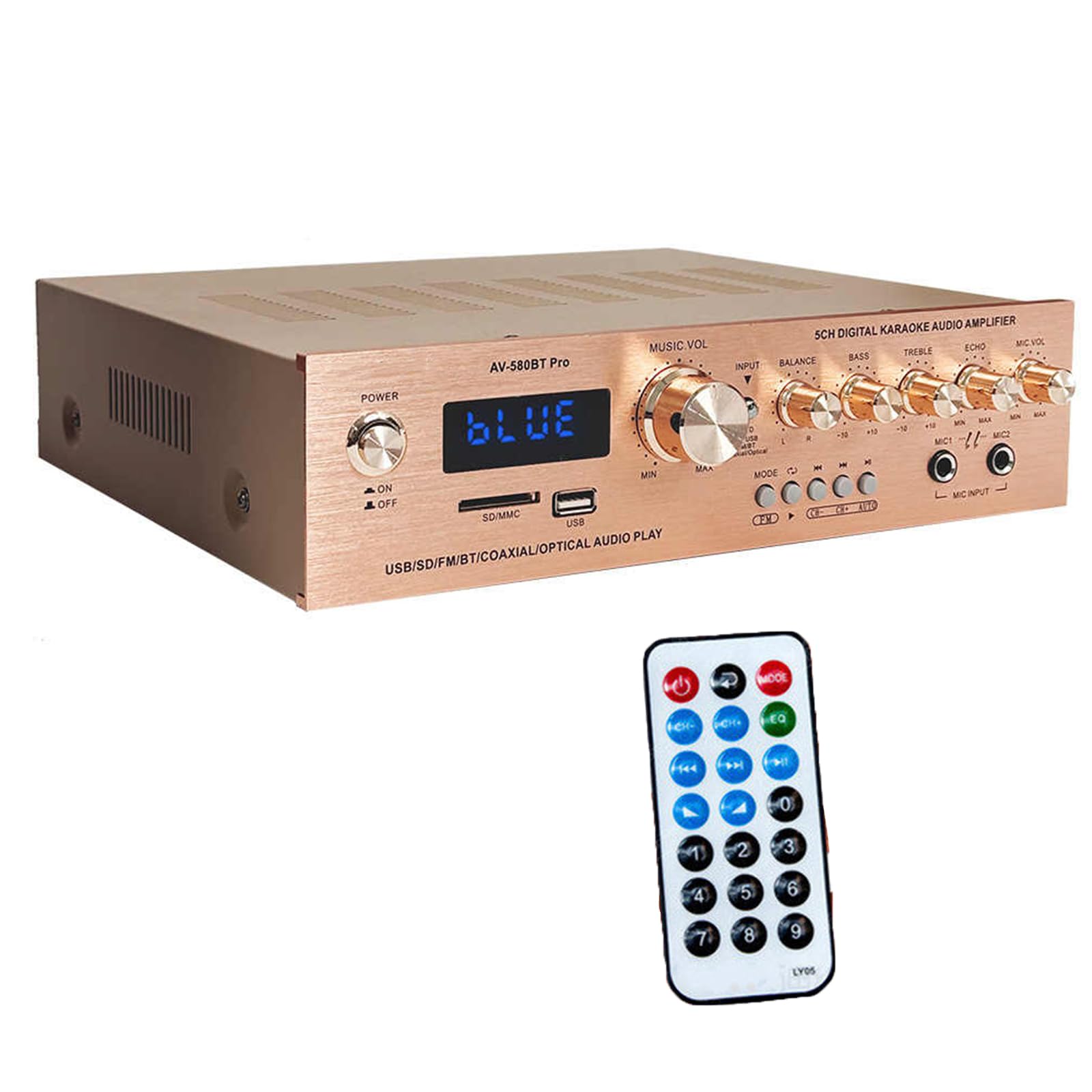 Wzmacniacz audio stereo 750 W, 5.0-kanałowy odbiornik stereo z pilotem (10 M) / USB/SD/podwójny interfejs mikrofonu/BT 5.4, dekodowanie światłowodowe/koncentryczne, do B