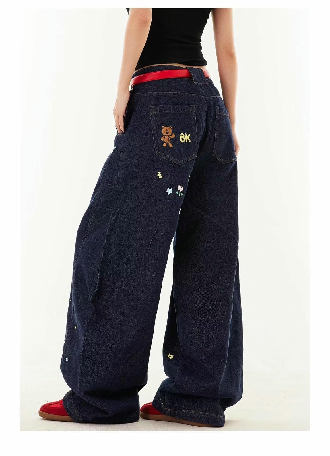 Dżinsy damskie retro Scimitar dla kobiet, haftowane spodnie z szerokimi nogawkami z nadrukiem, sprane dżinsy, jasnoniebieskie-2XL