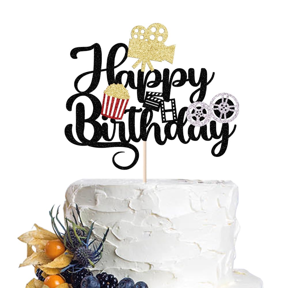 Dcokska Movie Night Happy birthday Cake Topper,Film Projector, French fries cola Theater Theme Family Party Supplies/Dinner Party Cake Topper