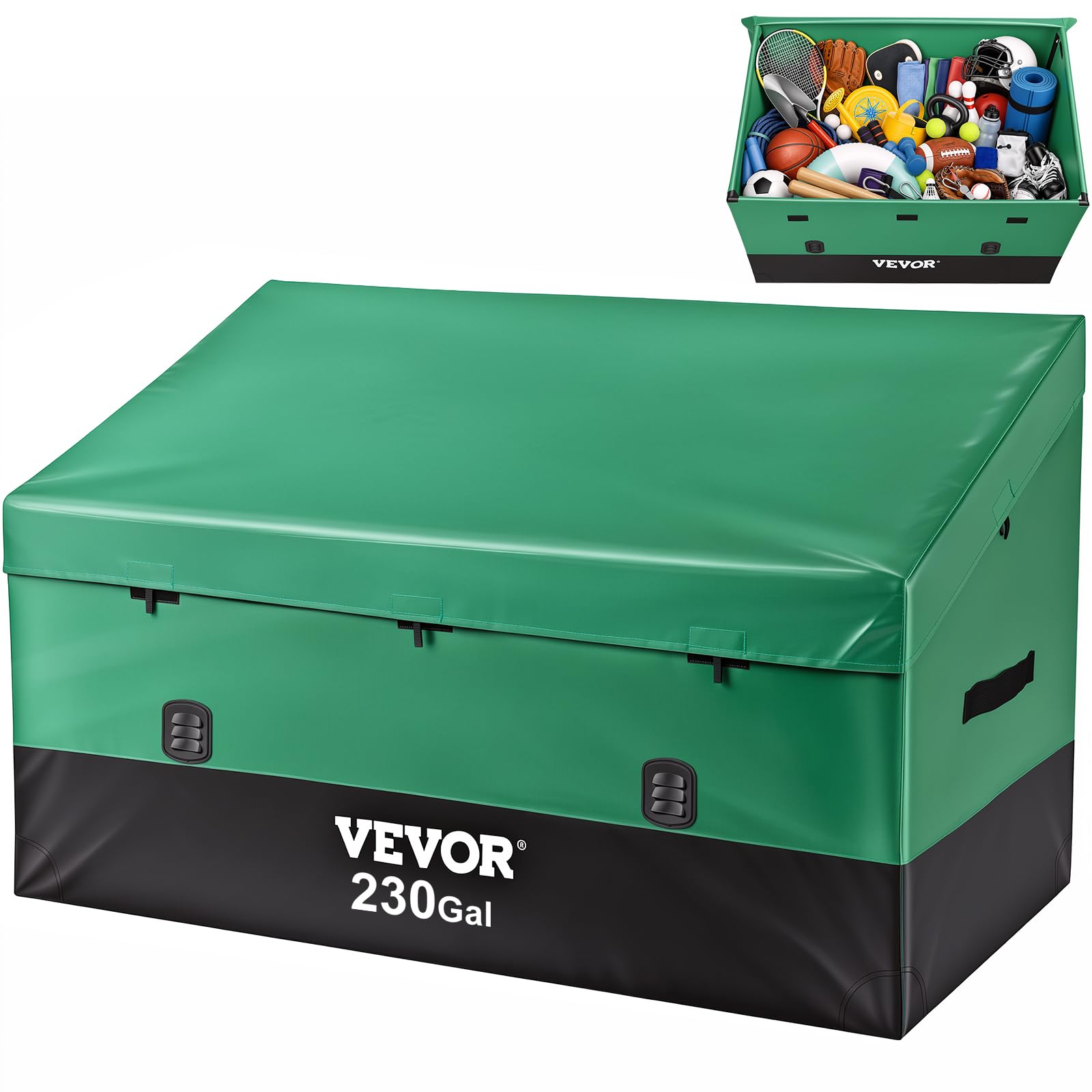 VEOVR Outdoor Storage Box, 230 Gallon Waterproof PE Tarpaulin Deck Box with Galvanized Frame, All-Weather Protection & Portable, for Camping, Garden, Poolside, and Yard, Green & Black