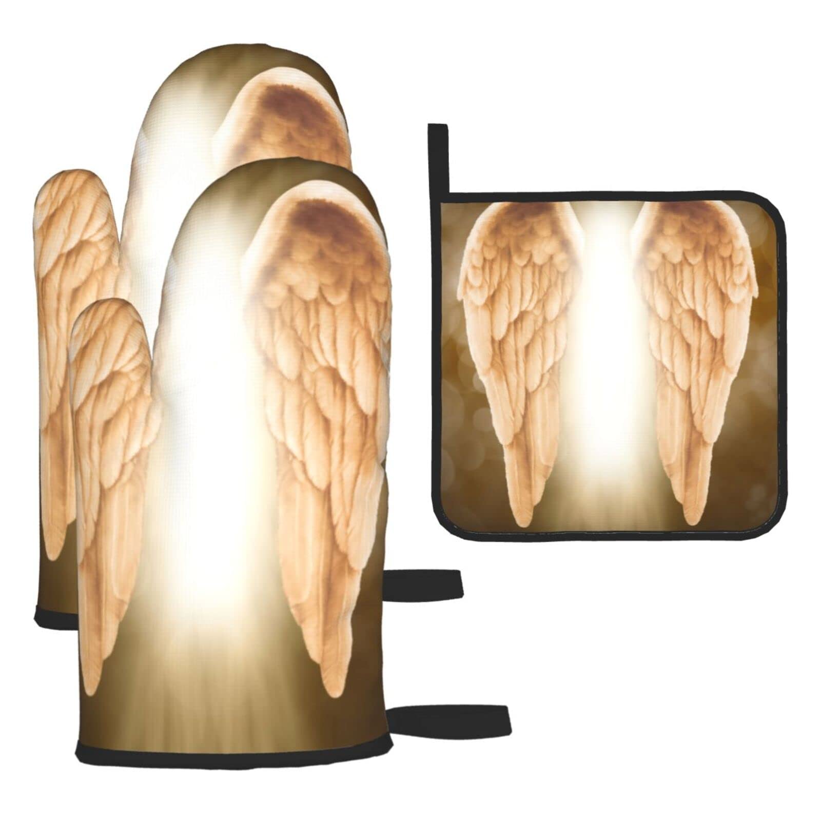 Angel Wing Printed Kitchen Baking Three-Piece Heat-Resistant Thick Cotton Oven Gloves for Cooking and Baking.