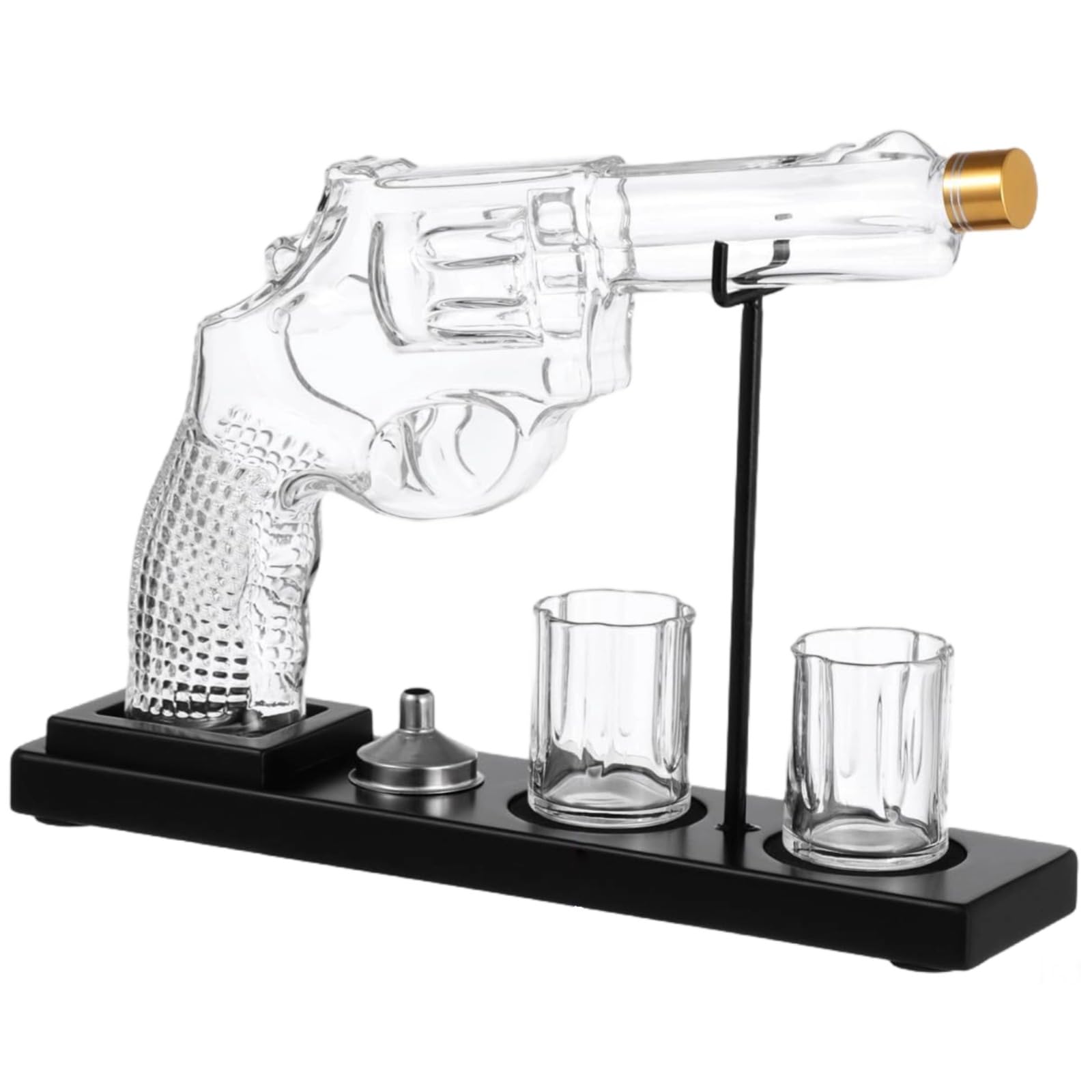 Générique Pistolenförmiger Dekanter mit Gläsern, Whisky-Dekanter-Set für Männer, mit Trichter und stabilem Metallständer, originelles Glasdesign, perfekt für Whisky-Liebhaber