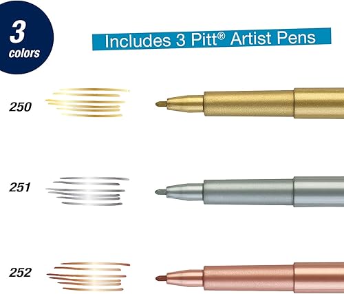 Miniatura 2 de Faber-Castell - Bolígrafos metálicos PITT Artist, 3 colores metálicos de colores, puntas de bala suaves (metálico clásico)
