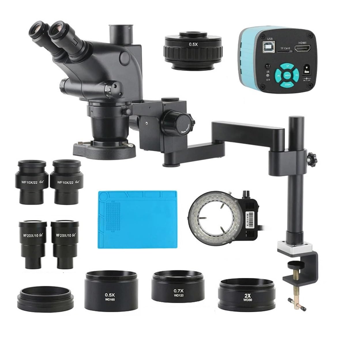 Microscope 3.25X-260X Stereo Trinocular Microscope 12MP 48MP 55MP 4K 2K HDMI USB VGA Type-c Camera+ Clamp Folding Extension Base Repair Kit(48MP 4K 2K HDMI USB)