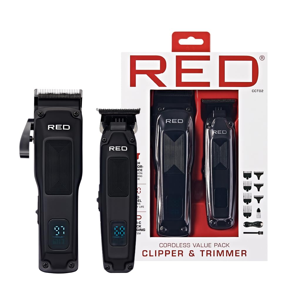 Red by Kiss Set combinato di tagliacapelli e trimmer senza fili, per la cura dei capelli e della barba, tagliacapelli professionale con rasoio di precisione a T, kit di taglio di capelli ricaricabile