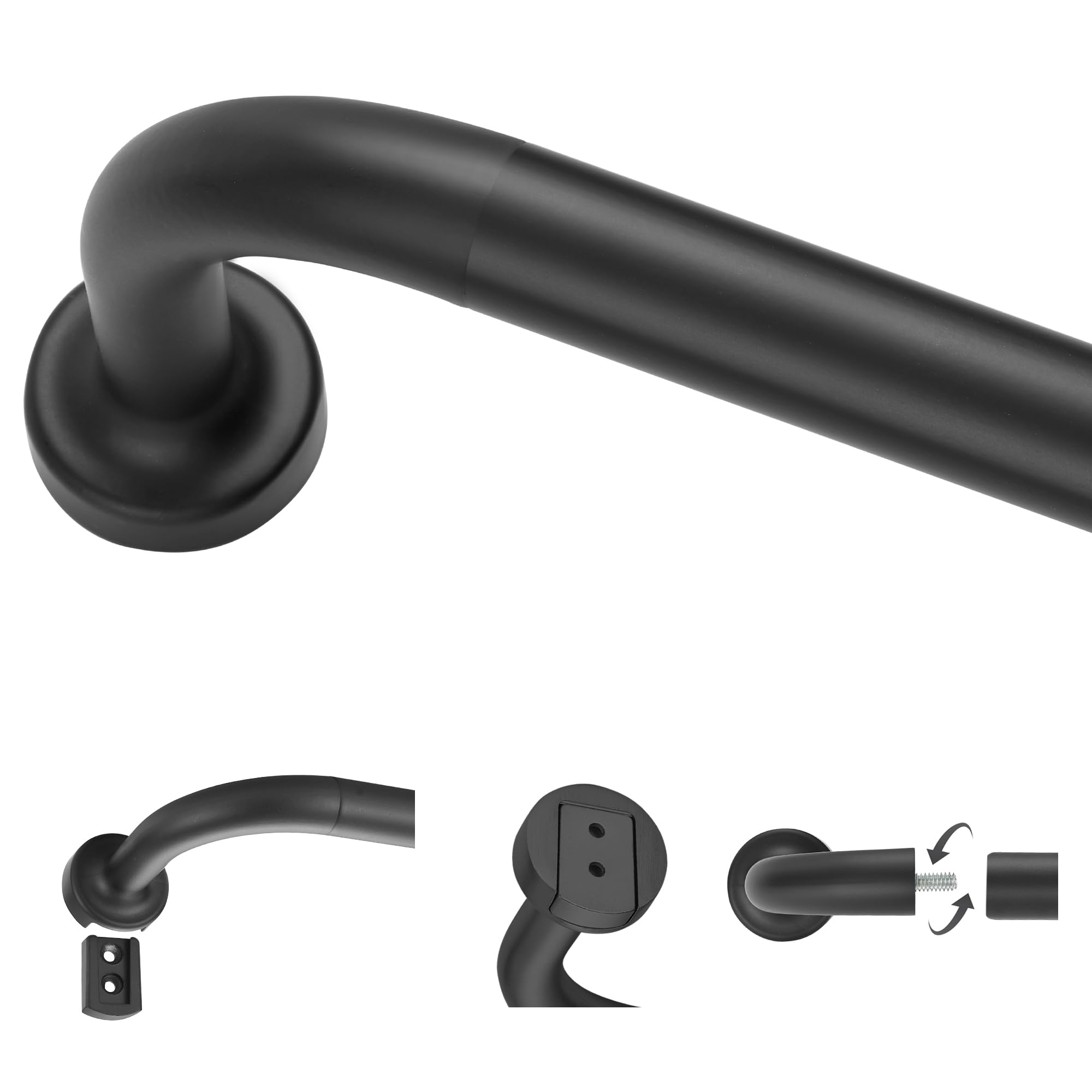 Black Curtain Rods for Windows 28 to 48",1 Inch Disc Wrap Around Curtain Rod with Aluminum Finials and Brackets,No Screw Disassembly Adjustable