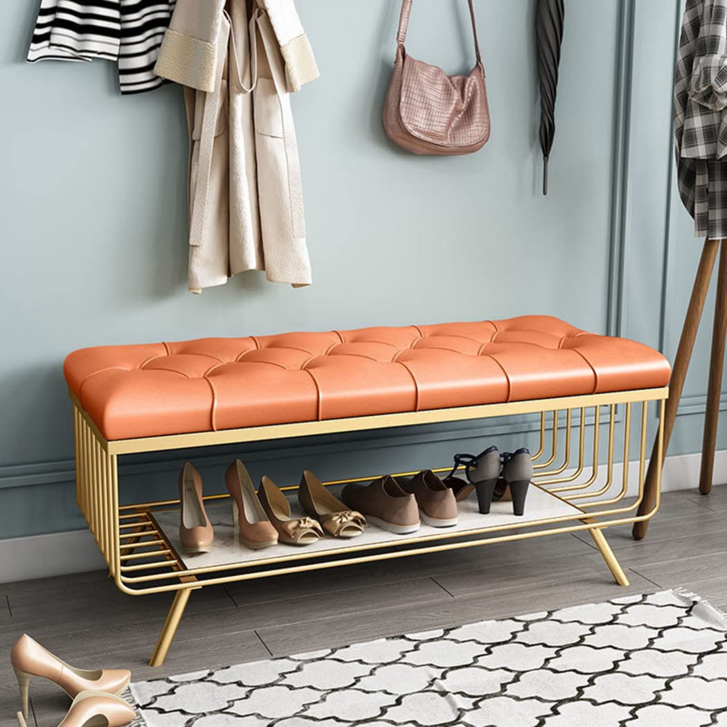 Banc rembourré de 100 cm avec étagère à chaussures en acier doré pour entrée et chambre