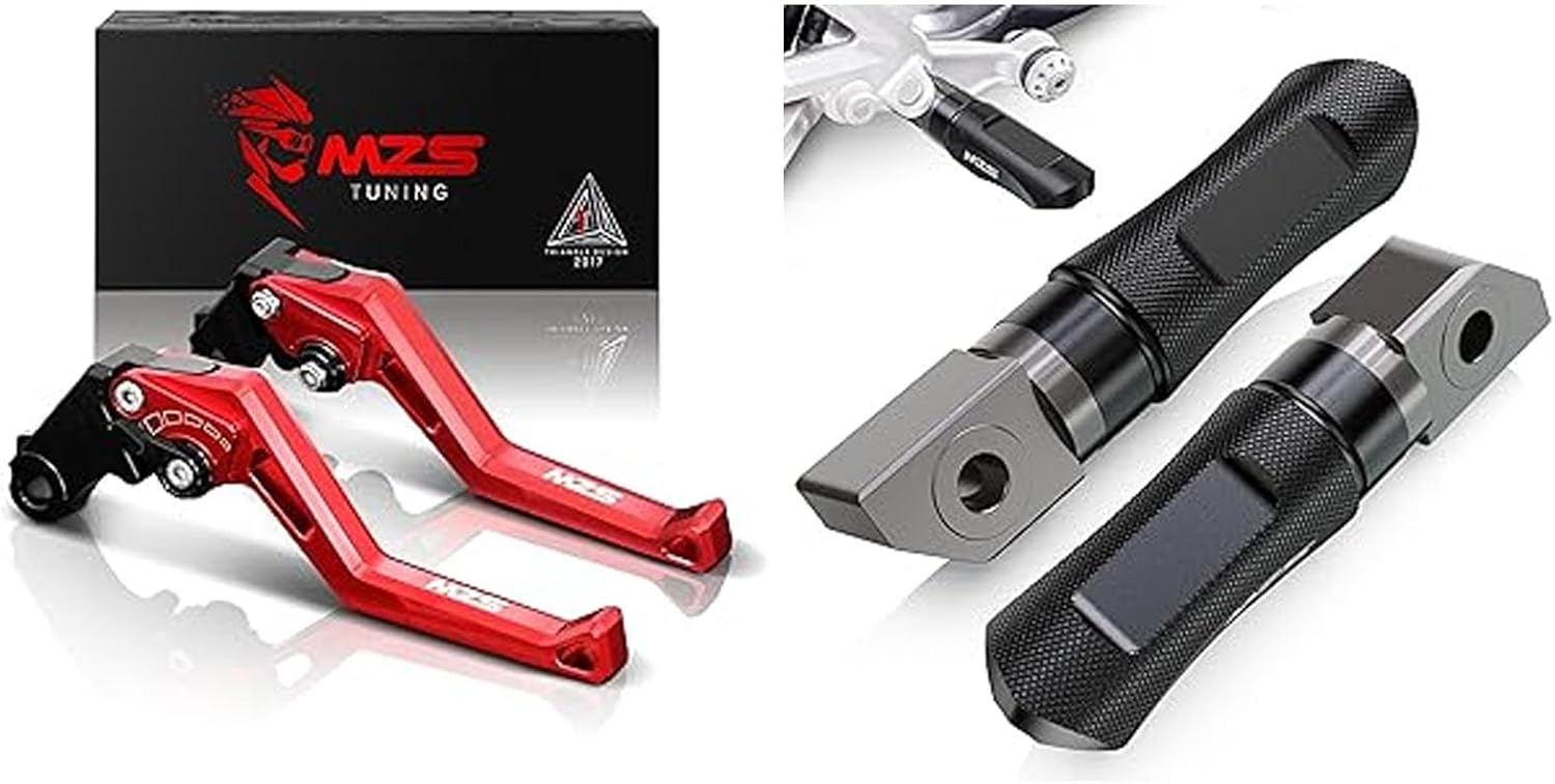 MZS Red Motorcycle Clutch Brake Levers Short Adjustable + Motorcycle Rear Foot Pegs, Adjustable Sport Footpegs Compatible with CBR650R CB650R CBR650F CB650F