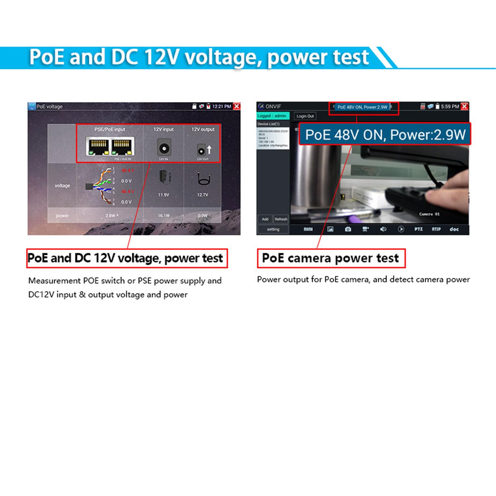 Detector de cámara IP 7-inch Protección de pantalla Red CCTV Monitor de cámara de videovigilancia Prueba de cable 100-240V (enchufe UE)