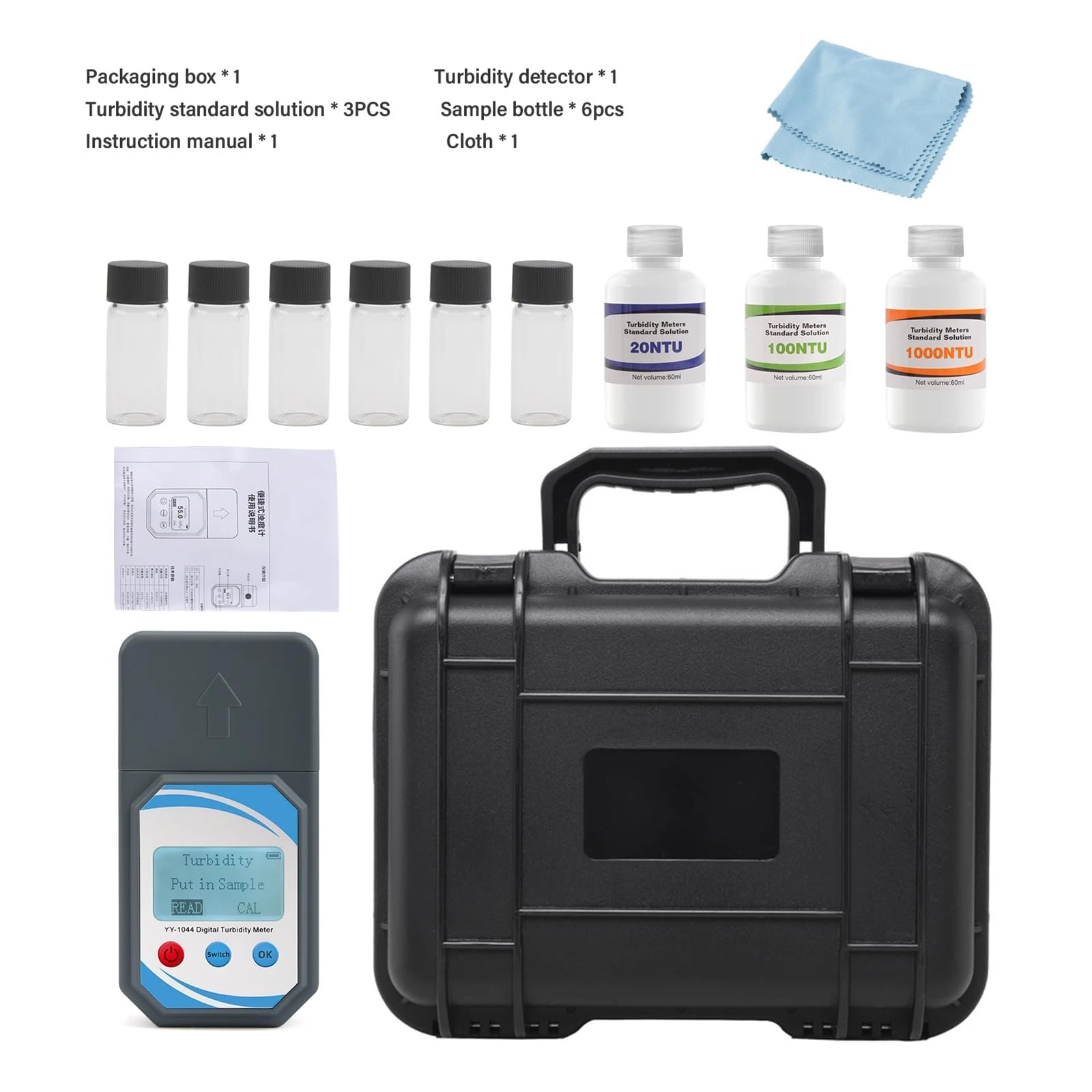 Medidor de turbidez portátil 0-1000NTU Probador de calidad del agua portátil con soluciones de calibración de luz dispersa Pantalla retroiluminada