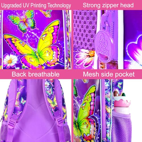 Image of 3Pcs Butterfly Backpack for Girls, 16 inch Kids Bookbag with Lunch Box，School Backpacks for Elementary Preschool Kindergarten (Purple)