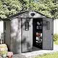 Bezseller 8'x6' Resin Storage Shed with Floor, Outdoor Plastic Shed for Backyard, Lawn Equipment & Patio Furniture, Waterproof UV-Resistant Tool Shed with Interlocking Panels,Grey