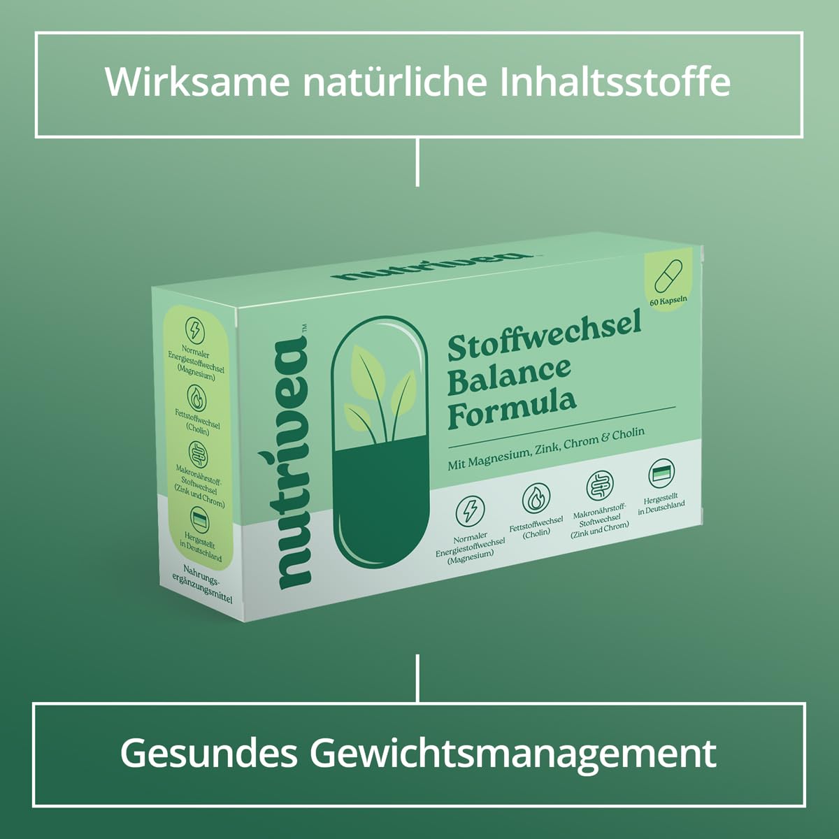 Stoffwechsel Balance Kapseln – Cholin Magnesium Zink Chrom Formula | Mit Cholin & Magnesium für Stoffwechsel – Grüntee, Kurkuma, CLA, Zink & Chrom – hochdosiert, vegan, laborgeprüft – 60 Kapseln