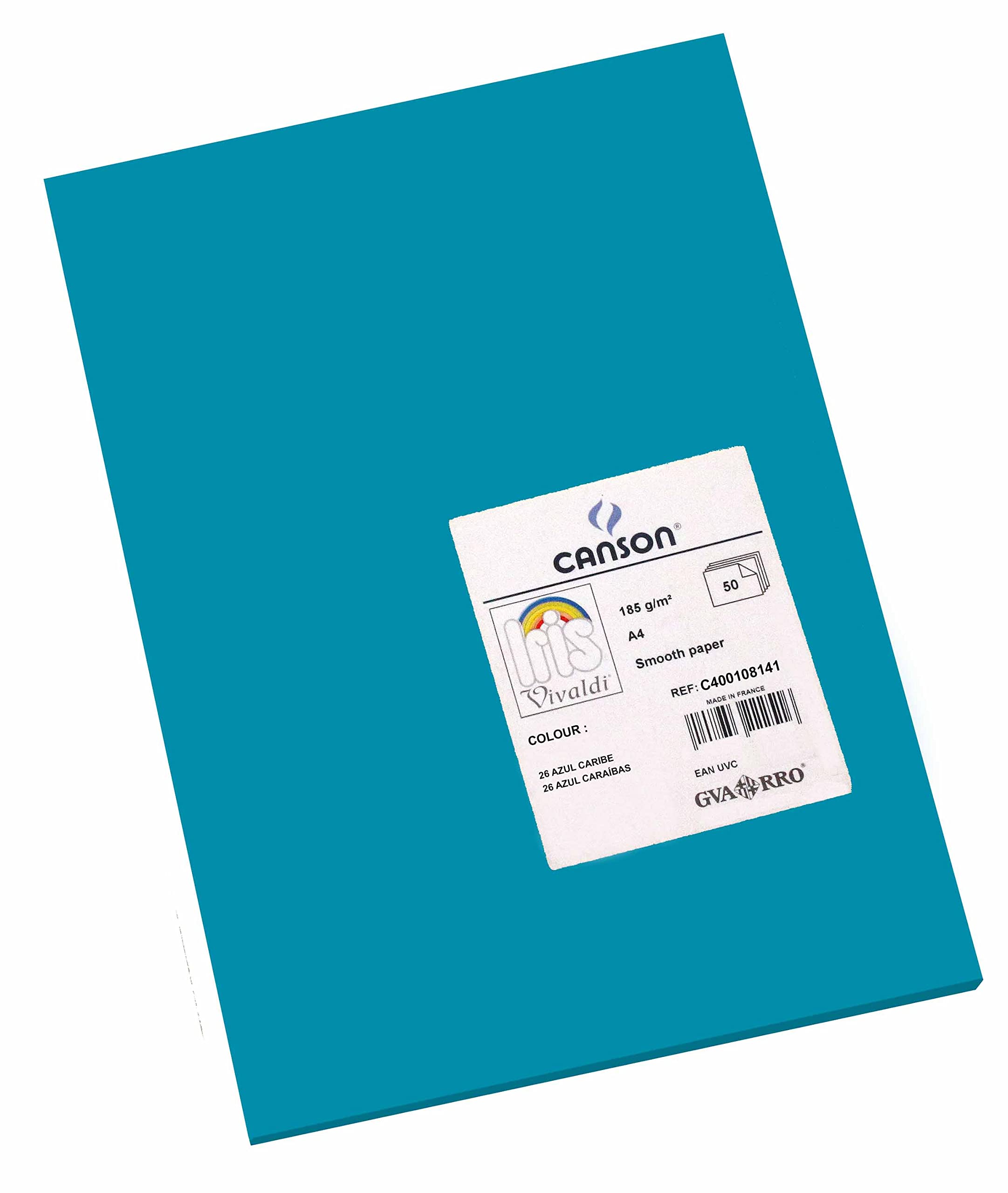 Canson Iris Vivaldi, Colored Drawing Paper, Soft, 185gsm, Sheet, A4-21x29.7cm, Caribbean Blue