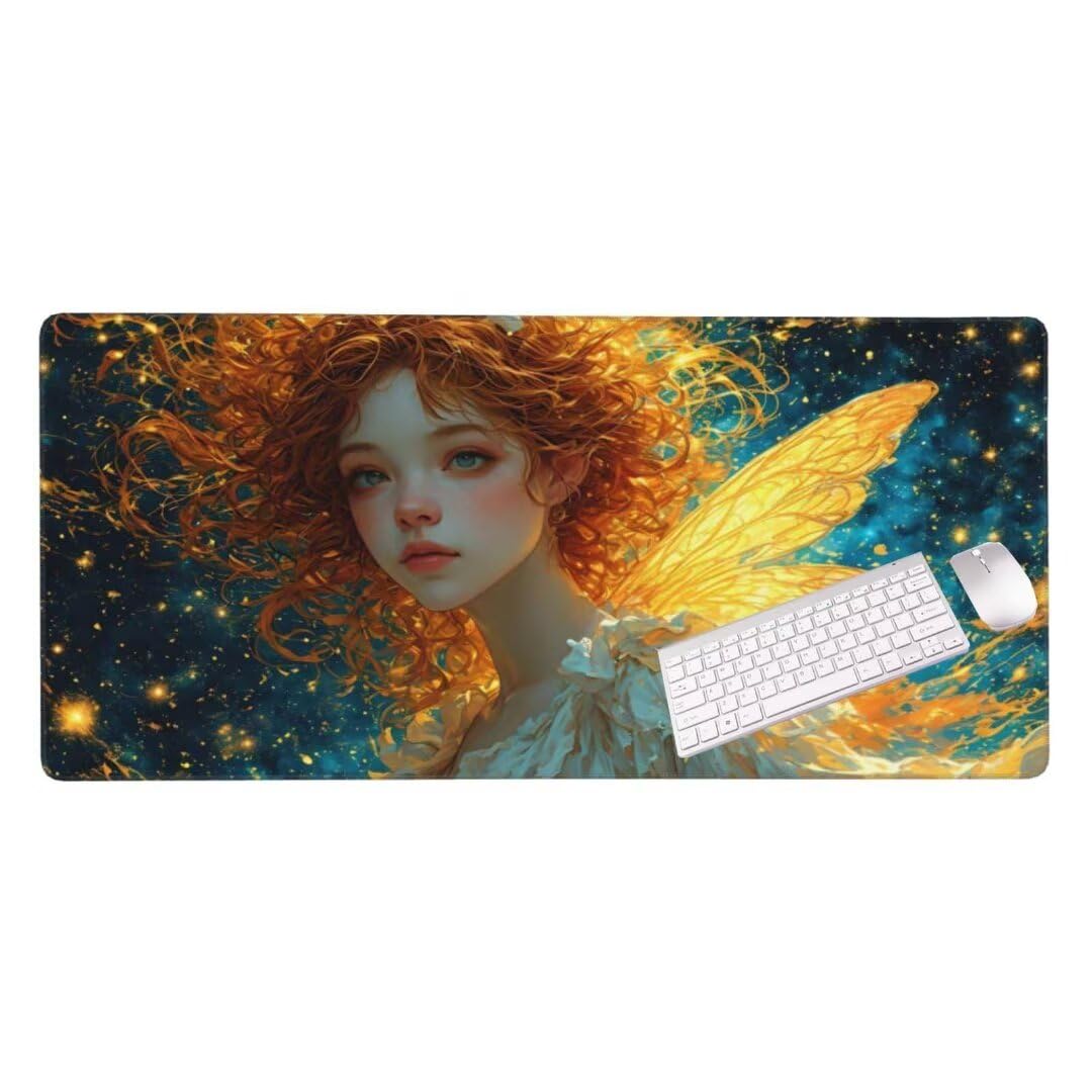Alfombrilla de ratón 1400x600x3 MM, Alfombrilla Ratón XXL Extendida de Gran Tamaño con Bordes Cosidos, Base de Goma Antideslizante Almohadilla para Teclado, Hada de la libélula S-10439