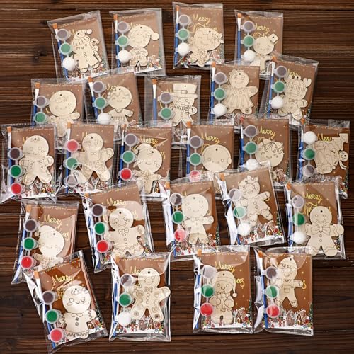 24 Pcs Christmas Party Favors Mini Gingerbread Man Wooden Painting Craft Kit Gingerbread House Cookies Theme Party Supplies DIY Wooden Craft with Organza Bag for Birthday Goodie Bags Fillers