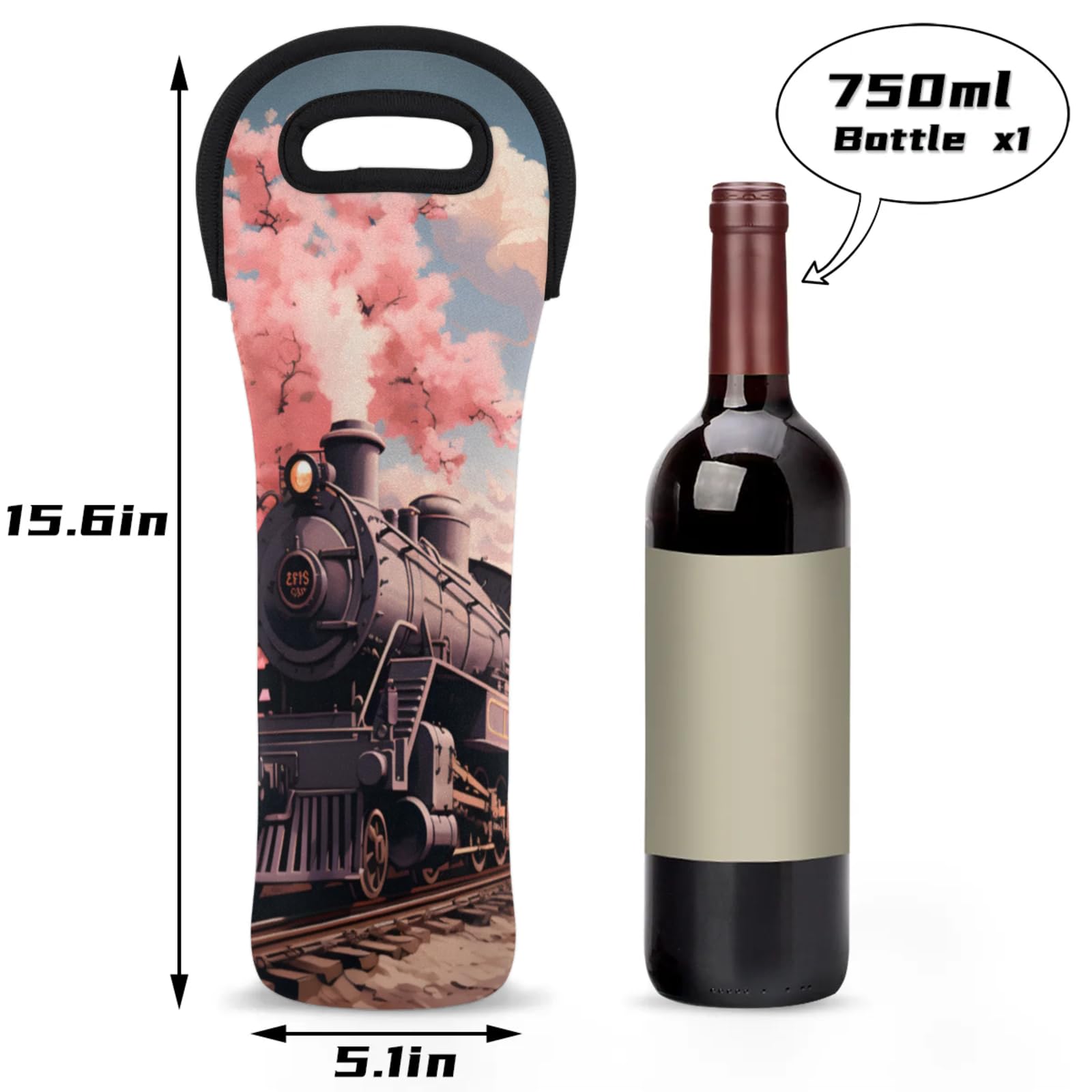 Neoprene Wine Tote Carrier Bag for Wine,Water, Champagne, Beer, Baby Bottles 15.6 x 5.1 Inches, Protective Wine Bag,Train with Blosoom