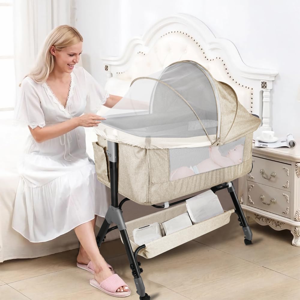 LANTUS Culla Neonato Fianco Letto Lettino Neonato con Fasciatoio, Lettino Bambino Pieghevole Facile, Lettino Regolabile per Neonati-104 * 52 * 100-110 cm - Bianco sporco