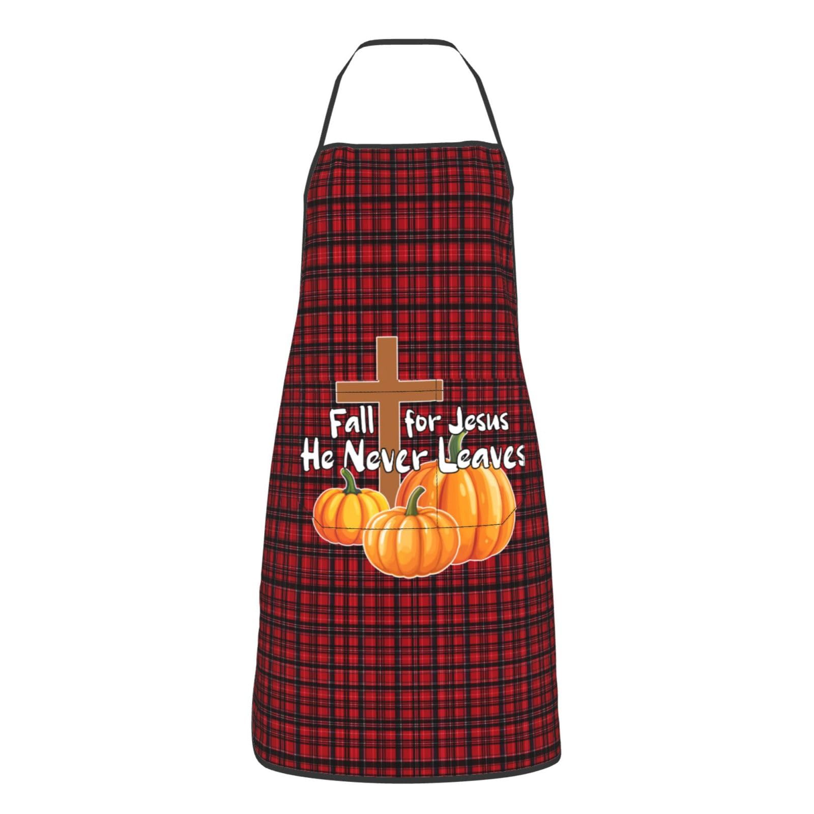 nopicsn Fall for Jesus He Never Leaves Apron for cooking with Pockets Women Men Kitchen Chef Funny Aprons