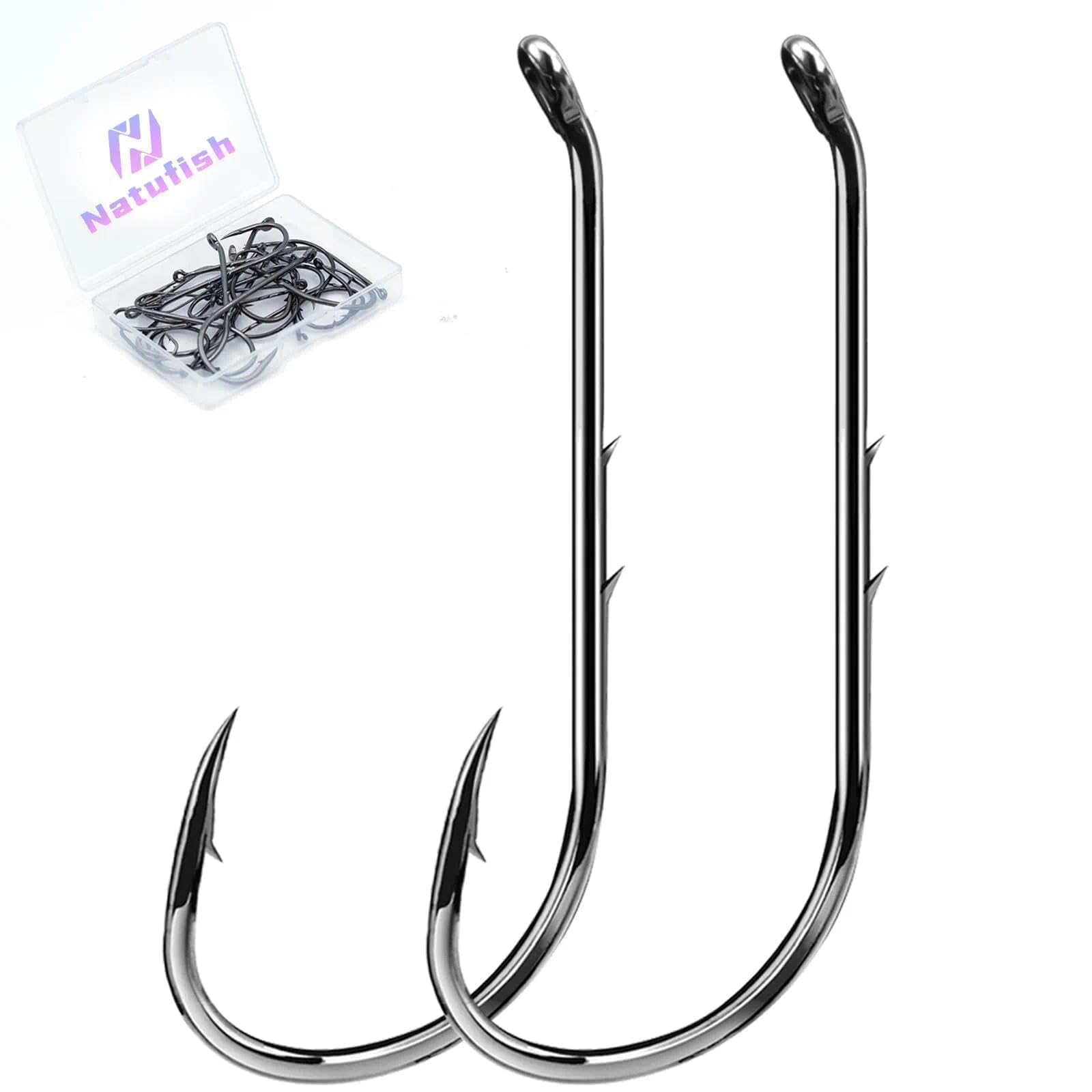 Natufish Baitholder - Ganci da pesca per esche da pesca, offset/doppio spinato/gambo lungo/occhio verso il basso, per esche vive morbide in acqua salata, 50 pezzi