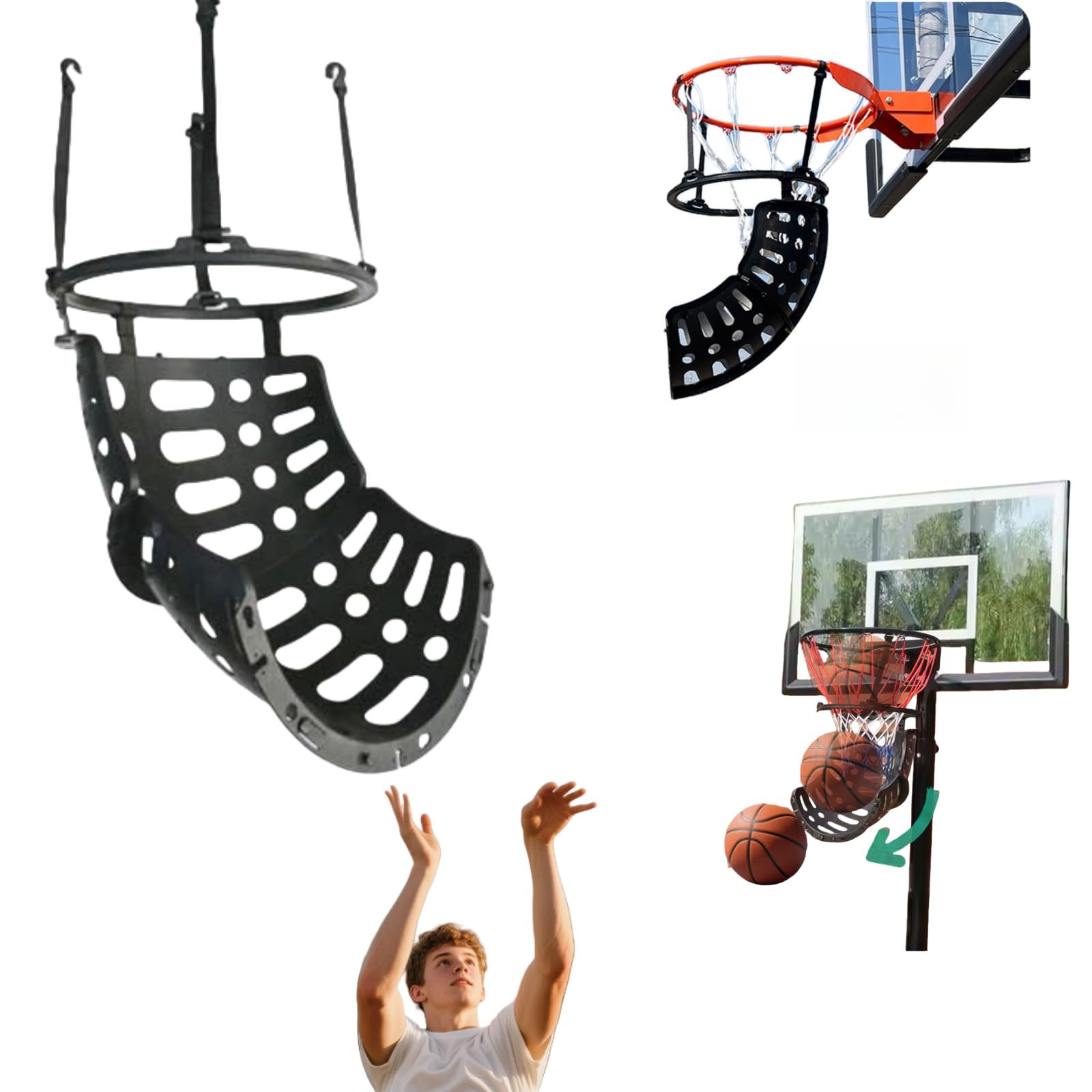 Basketball Hoop Return Device for Rebounding Balls, Adjustable Ball Return System for Sports Training, Sturdy Hoop Attachment for Kids & Adults,