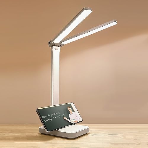 Lámpara LED de escritorio de doble cabezal, lámpara de mesa portátil recargable, color de luz ajustable y brillo, alimentada por USB, luz LED para