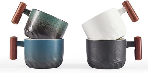 Miniatura 7 de CLASGLAZ Juego de 4 tazas de café de cerámica de 2.5 onzas con mango de madera, tazas de café pequeñas de doble chupito