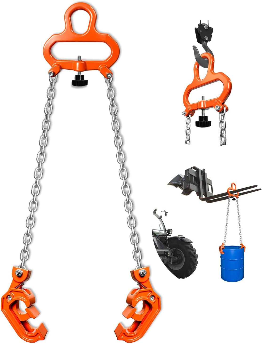 YATOINTO 1 Ton Drum Lifter Clamp with G80 Chains & Stabilizer Bolt | Barrel Lifting Tool for 30-55 Gallon Steel & Plastic Drums | Spring-Loaded Locking Hooks | Forklift & Crane Compatible