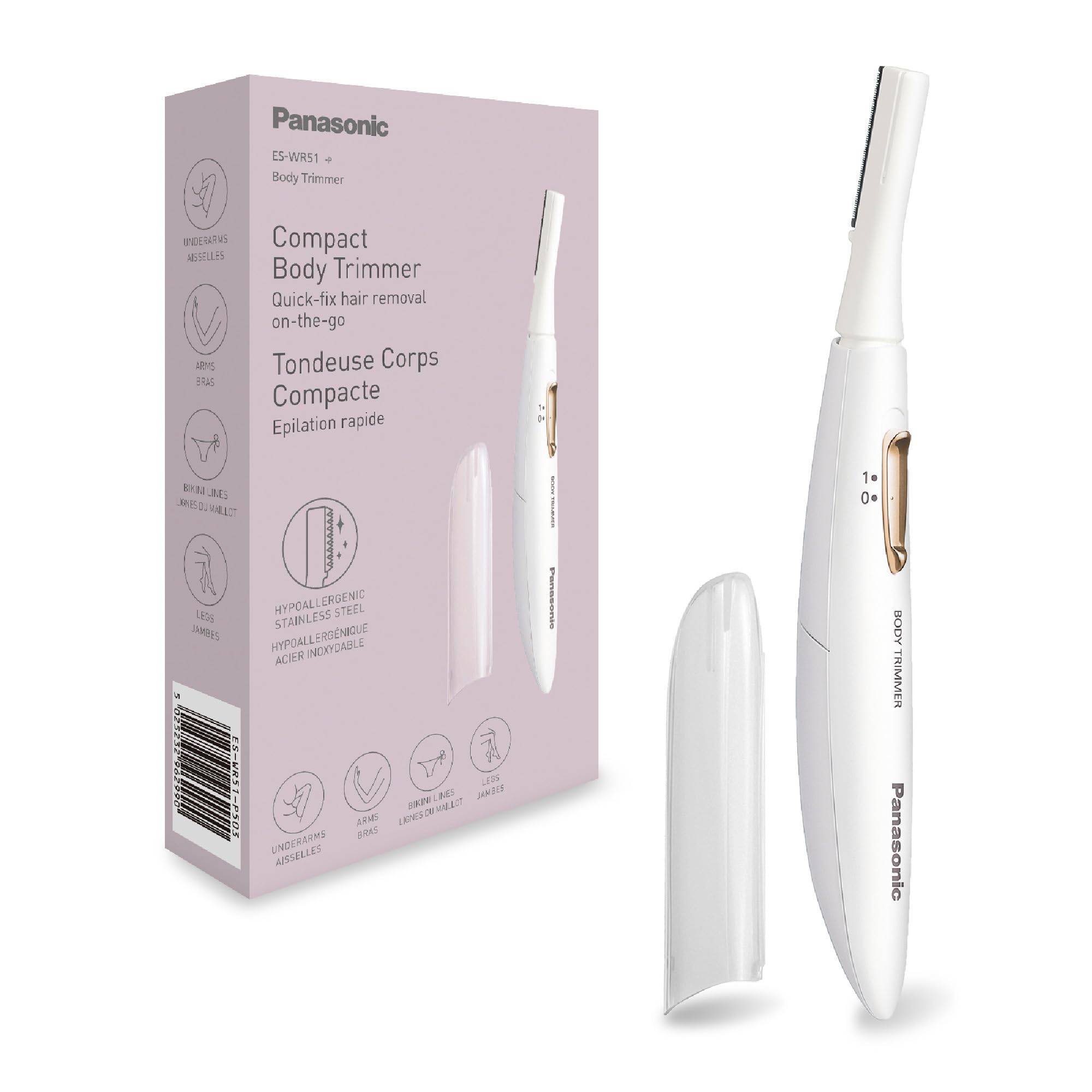 Panasonic ES-WR51 Recortadora Corporal Compacta, Depiladora para Mujeres, Afeitadora para Mujeres, En Seco, Funciona con Pilas (se requiere 1 AAA), Tapa Protectora, Cepillo De Limpieza, Color Blanco