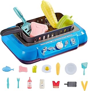 Kitchen Playset for Kids, Gourmet Cooking Box Toy, Pretend Play Gourmet Cooking Box for Kids Simulation Water Fryer Food Color Changing Cooking Toy Kids Kitchen Cook Toy Gift for Girls Boys (Blue)