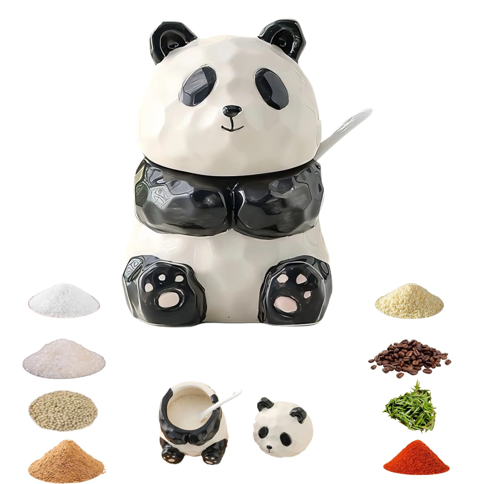 Panda Salt and Pepper Shakers, Cute 8oz Ceramic Spice Jar with Spoon, Animal Kitchen Countertop Decor, Novelty Gift for Cooks, Unique Shape